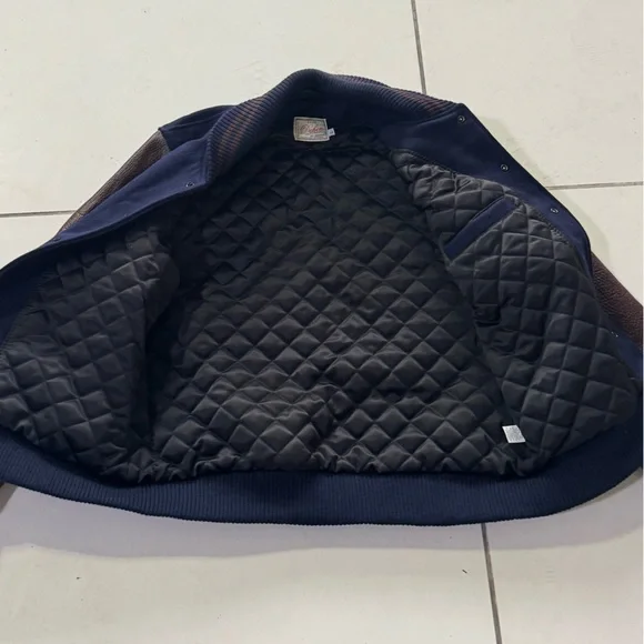 Dehen Varsity Jacket Navy with Brown Leather Sleeves Made in USA